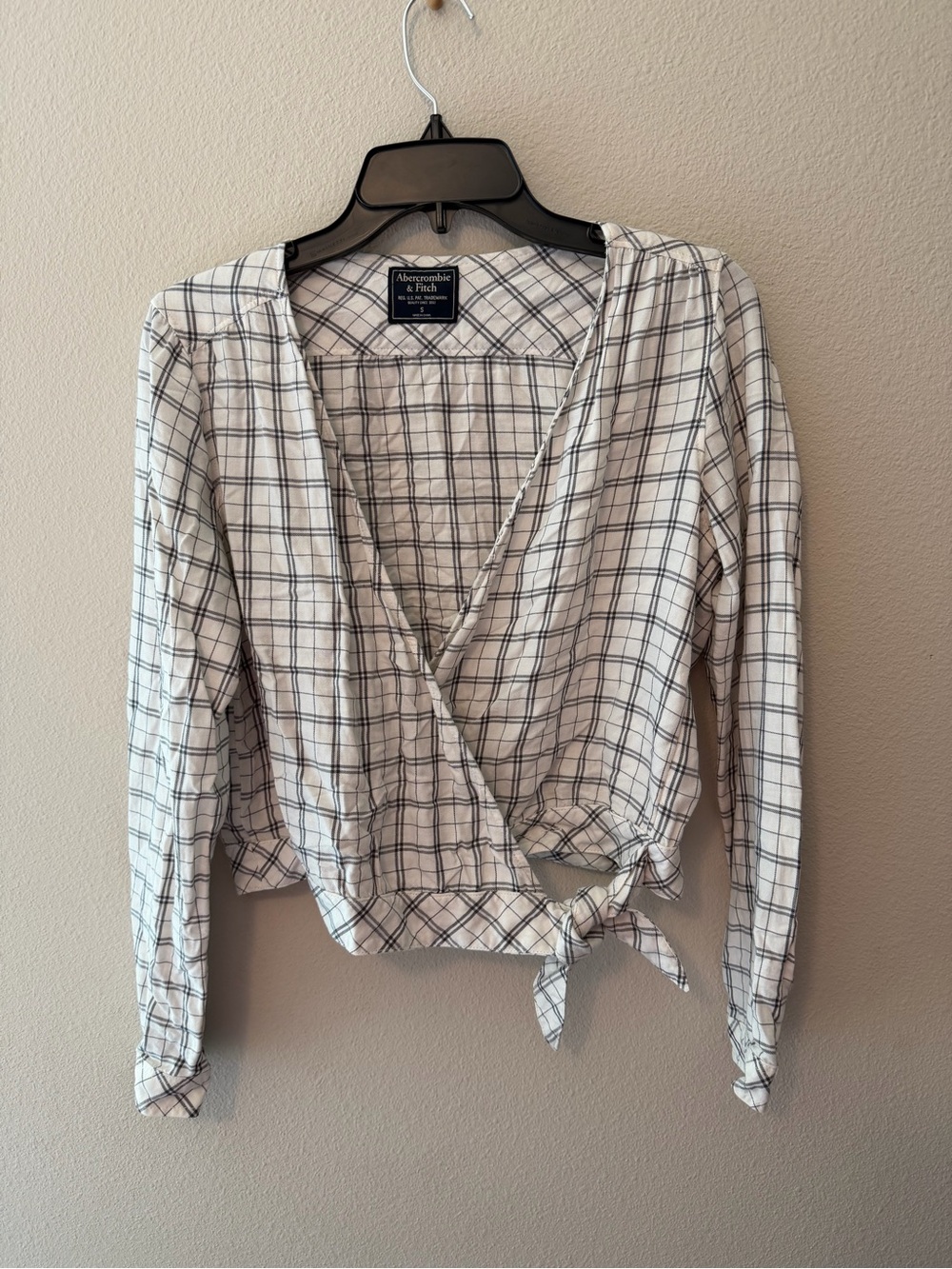 Abercrombie & Fitch Cream and Navy Plaid Wrap Blouse